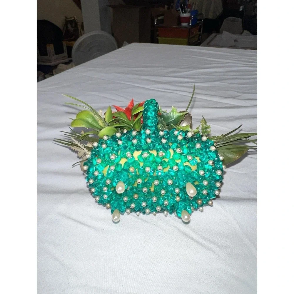 Vintage 60s Handmade Beaded Pin Basket Kitsch Floral Christmas Decor‎ MCM